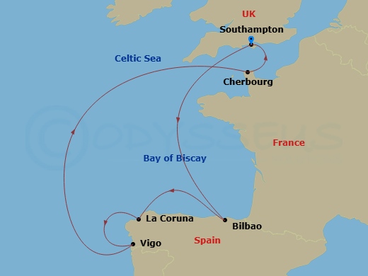 Route map: Southampton, England, UK → Getxo (Tours To Bilbao), Spain → La Coruna (tours to Santiago de Compostela), Spain → Vigo (tours to Santiago de Compostela), Spain → Cherbourg, France → Southampton, England, UK