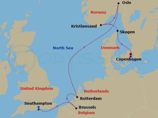 Route map: Southampton (for London), England → Zeebrugge (for Brussels/Bruges), Belgium → Rotterdam, The Netherlands → Oslo, Norway → Kristiansand, Norway → Skagen, Denmark → Copenhagen, Denmark