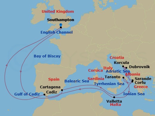 Route map: Southampton, England, UK → Cartagena, Spain → Sarande, Albania → Dubrovnik, Croatia → Korcula, Croatia → Corfu, Greece → Taranto, IT → Valletta, Malta → Cadiz (tours to Seville), Spain → Southampton, England, UK