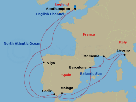Route map: Southampton, England, UK → Cadiz (tours to Seville), Spain → Barcelona, Spain → Marseille, France → Livorno (tours to Florence or Pisa), Italy → Malaga (tours to Granada), Spain → Vigo (tours to Santiago de Compostela), Spain → Southampton, England, UK
