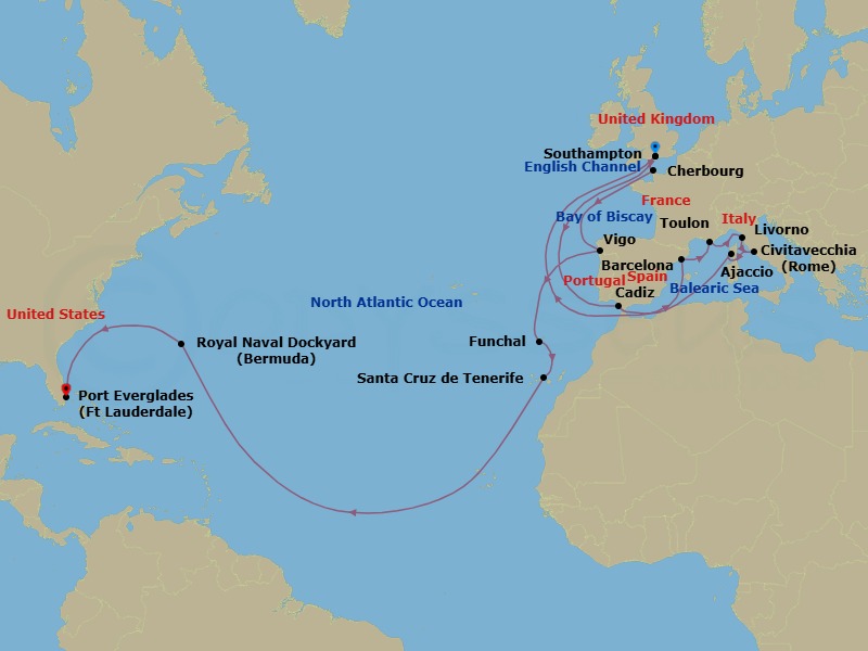 Route map: Southampton (for London), England → Seville (Cadiz), Spain → Barcelona, Spain → Toulon/Provence (La Seyne), France → Livorno (for Florence/Pisa), Italy → Civitavecchia (for Rome), Italy → Corsica (Ajaccio), France → Southampton (for London), England → Cherbourg, France → Vigo, Spain (for Santiago de Compostela)