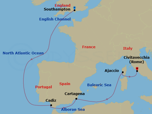 Route map: Southampton, England, UK → Cadiz (tours to Seville), Spain → Cartagena, Spain → Ajaccio, Corsica, France → Civitavecchia (tours to Rome),Italy