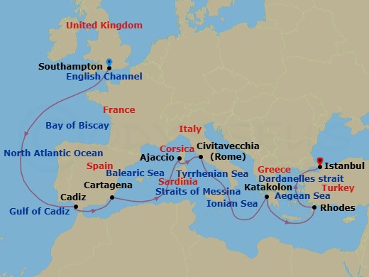 Route map: Southampton, England, UK → Cadiz (tours to Seville), Spain → Cartagena, Spain → Ajaccio, Corsica, France → Civitavecchia (tours to Rome),Italy → Messina Strait, Italy         (Transit) → Katakolon (tours to Olympia), Greece → Rhodes, Greece → Dardanelles Strait, Turkey    (Transit) → ISTANBUL, TURKIYE