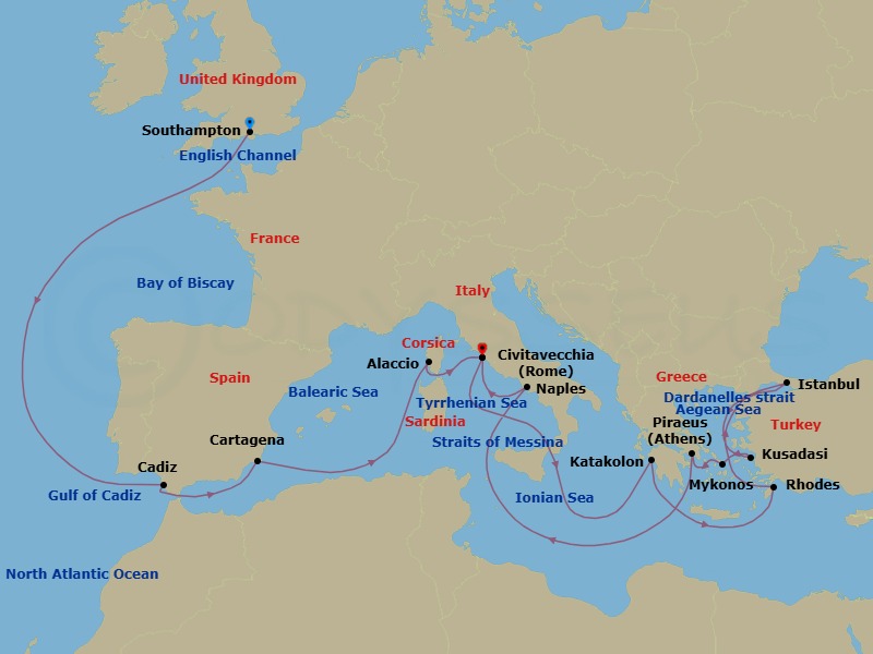 Route map: Southampton, England, UK → Cadiz (tours to Seville), Spain → Cartagena, Spain → Ajaccio, Corsica, France → Civitavecchia (tours to Rome),Italy → Messina Strait, Italy         (Transit) → Katakolon (tours to Olympia), Greece → Rhodes, Greece → Dardanelles Strait, Turkey    (Transit) → ISTANBUL, TURKIYE