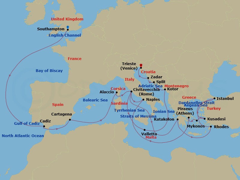 Route map: Southampton, England, UK → Cadiz (tours to Seville), Spain → Cartagena, Spain → Ajaccio, Corsica, France → Civitavecchia (tours to Rome),Italy → Messina Strait, Italy         (Transit) → Katakolon (tours to Olympia), Greece → Rhodes, Greece → Dardanelles Strait, Turkey    (Transit) → ISTANBUL, TURKIYE