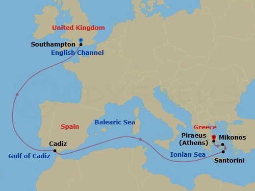 Route map: Southampton, England, UK → Cadiz (tours to Seville), Spain → Santorini, Greece → Mykonos, Greece → Piraeus (tours to Athens), Greece