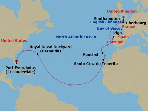 Route map: Southampton (for London), England → Cherbourg, France → Vigo, Spain (for Santiago de Compostela) → Madeira (Funchal), Portugal → Santa Cruz De Tenerife, Spain → Bermuda (West End) → Ft. Lauderdale, Florida