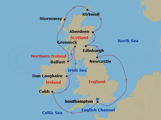 Route map: London (Southampton) → Cork (Cobh) → Dublin (Dun Laoghaire) → Glasgow (Greenock) → Belfast → Stornoway (Hebrides) → Kirkwall (Orkney Islands) → Aberdeen → Edinburgh (Newhaven) → Newcastle