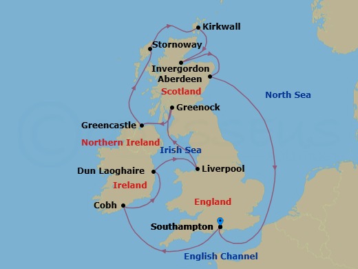 Route map: Southampton → Cobh → Dun Laoghaire → Liverpool → Greenock → Greencastle (Londonderry), Ireland → Stornoway → Kirkwall → Invergordon → Aberdeen