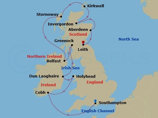 Route map: London (Southampton) → Cork (Cobh) → Holyhead → Dun Laoghaire → Glasgow (Greenock) → Belfast → Stornoway (Hebrides) → Kirkwall (Orkney Islands) → Invergordon → Aberdeen