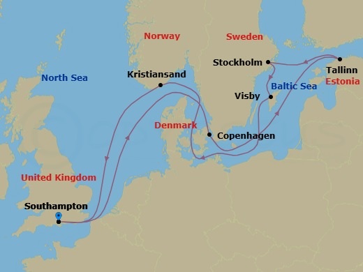 Route map: Southampton, England → Copenhagen, Denmark → Tallinn, Estonia → Stockholm, Sweden → Visby, Sweden → Kristiansand, Norway → Southampton, England