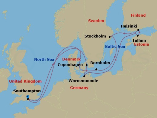 Route map: Southampton, England, UK → Copenhagen, Denmark → Warnemunde, Germany → Helsinki, Finland → Tallinn, Estonia → Stockholm, Sweden → Bornholm, Denmark → Southampton, England, UK