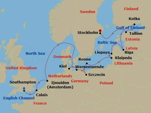 Route map: London (Southampton) → Calais → Ijmuiden → Kiel → Berlin (Warnemunde) → Szczecin → Ronne (Bornholm) → Klaipeda → Liepaja → Riga