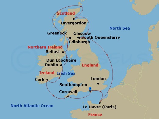 Route map: Southampton (for London), England → Cornwall (Falmouth), England → Cork, Ireland (Cobh - For Blarney Castle) → Dublin (Dun Laoghaire), Ireland → Belfast, Northern Ireland → Glasgow (Greenock), Scotland → Invergordon, Scotland → Edinburgh (South Queensferry), Scotland → Le Havre (for Paris/Normandy), France → Southampton (for London), England