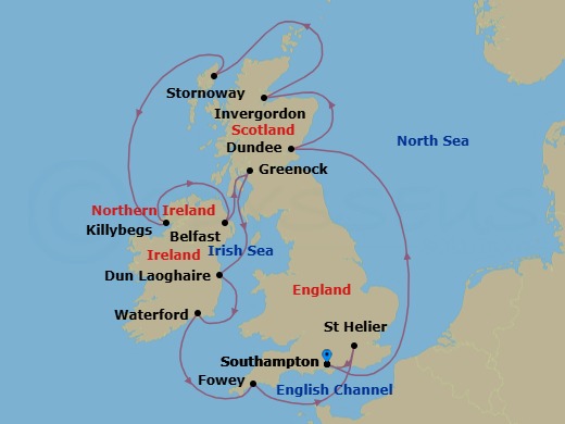 Route map: London (Southampton) → Dundee → Invergordon → Stornoway (Hebrides) → Killybegs → Belfast → Glasgow (Greenock) → Dublin (Dun Laoghaire) → Waterford → Fowey