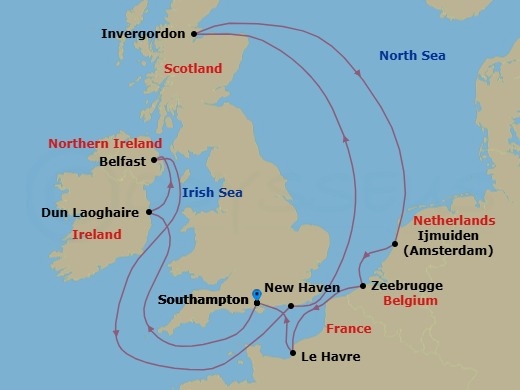 Route map: London (Southampton), England, Great Britain → Dublin  Dun Laoghaire  Ireland → Belfast, Northern Ireland, United Kingdom → Edinburgh (Newhaven), Scotland, United Kingdom → Invergordon (Inverness), Great Britain → Amsterdam  Ijmuiden, Netherlands → Zeebrugge  Brussels Brugge, Belgium → Le Havre  Paris, France → London (Southampton), England, Great Britain