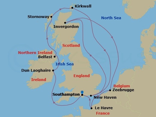 Route map: London (Southampton), England, Great Britain → Dublin  Dun Laoghaire  Ireland → Belfast, Northern Ireland, United Kingdom → Stornoway, Scotland, Great Britain → Kirkwall, Scotland, Great Britain → Edinburgh (Newhaven), Scotland, United Kingdom → Invergordon (Inverness), Great Britain → Zeebrugge  Brussels Brugge, Belgium → Le Havre  Paris, France → London (Southampton), England, Great Britain