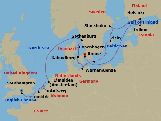 Route map: London (Southampton) → Dunkirk → Antwerp → Ijmuiden → Gothenburg → Kalundborg → Berlin (Warnemunde) → Ronne (Bornholm) → Visby → Stockholm
