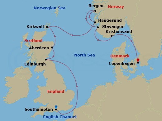Route map: London (Southampton) → Edinburgh (Newhaven) → Aberdeen → Kirkwall (Orkney Islands) → Haugesund → Bergen → Stavanger → Kristiansand → Copenhagen