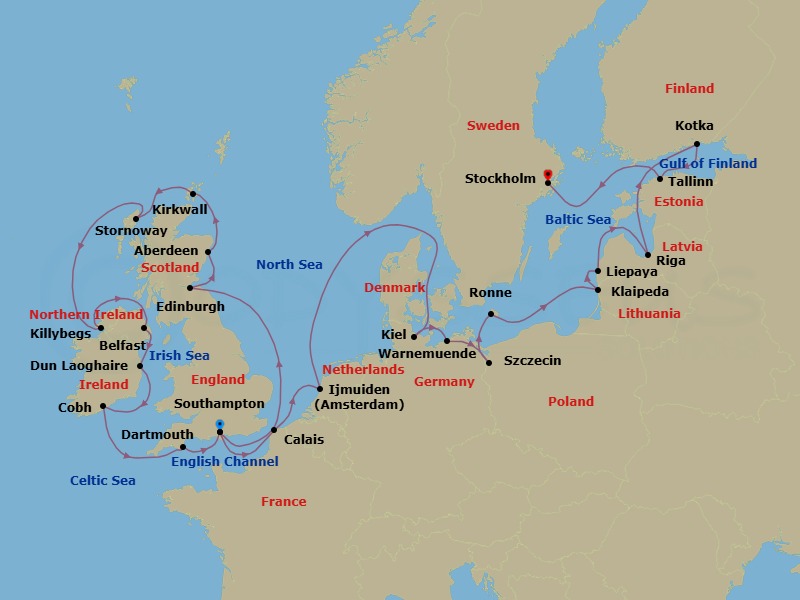 Route map: London (Southampton) → Edinburgh (Newhaven) → Aberdeen → Kirkwall (Orkney Islands) → Stornoway (Hebrides) → Killybegs → Belfast → Dublin (Dun Laoghaire) → Cork (Cobh) → Dartmouth