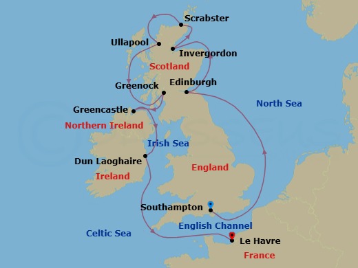 Route map: London (Southampton) → Edinburgh (Newhaven) → Invergordon → Scrabster → Ullapool → Glasgow (Greenock) → Greencastle → Dublin (Dun Laoghaire) → Paris (Le Havre)