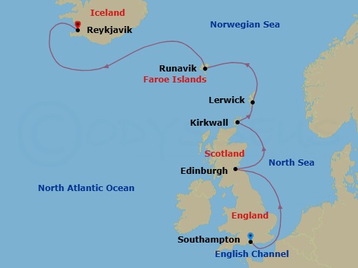 Route map: Southampton → Edinburgh → Kirkwall → Lerwick (Shetland Islands) → Runavik (Eysturoy) → Reykjavik