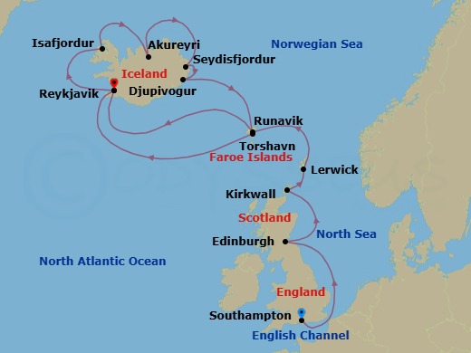 Route map: Southampton → Edinburgh → Kirkwall → Lerwick (Shetland Islands) → Runavik (Eysturoy) → Reykjavik → Isafjordur → Akureyri → Seydisfjordur → Djupivogur