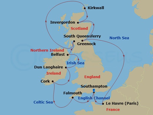 Route map: Southampton (for London), England → Cornwall (Falmouth), England → Cork, Ireland (Cobh - For Blarney Castle) → Dublin (Dun Laoghaire), Ireland → Belfast, Northern Ireland → Glasgow (Greenock), Scotland → Orkney Islands (Kirkwall), Scotland → Invergordon, Scotland → Edinburgh (South Queensferry), Scotland → Le Havre (for Paris/Normandy), France