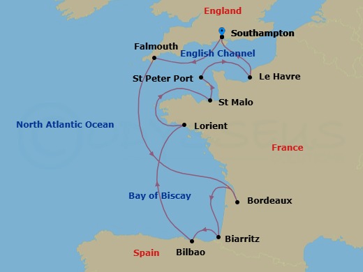 Route map: Southampton → Falmouth → Bordeaux → Biarritz → Bilbao → Lorient → St Malo → St Peter Port (Guernsey) → Le Havre → Southampton