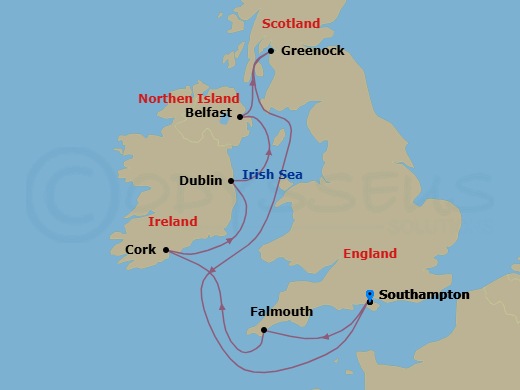 Route map: Southampton (for London), England → Cornwall (Falmouth), England → Cork, Ireland (Cobh - For Blarney Castle) → Dublin (Dun Laoghaire), Ireland → Belfast, Northern Ireland → Glasgow (Greenock), Scotland → Southampton (for London), England