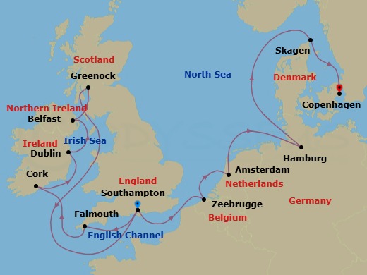Route map: Southampton (for London), England → Cornwall (Falmouth), England → Cork, Ireland (Cobh - For Blarney Castle) → Dublin (Dun Laoghaire), Ireland → Belfast, Northern Ireland → Glasgow (Greenock), Scotland → Southampton (for London), England → Zeebrugge (for Brussels/Bruges), Belgium → Amsterdam, Netherlands → Hamburg, Germany (for Berlin)