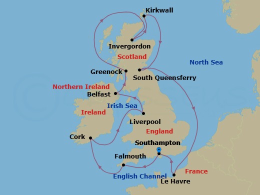 Route map: Southampton (for London), England → Cornwall (Falmouth), England → Cork, Ireland (Ringaskiddy - For Blarney Castle) → Liverpool, England → Belfast, Northern Ireland → Glasgow (Greenock), Scotland → Invergordon, Scotland → Orkney Islands (Kirkwall), Scotland → Edinburgh (South Queensferry), Scotland → Le Havre (for Paris/Normandy), France
