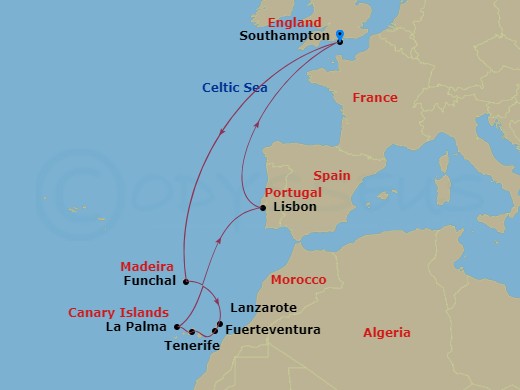 Route map: Southampton, England, UK → Funchal, Madeira, Portugal → Lanzarote, Spain → Fuerteventura, Spain → Tenerife, Spain → La Palma, Spain → Lisbon, Portugal → Southampton, England, UK