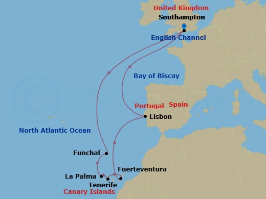 Route map: Southampton, England, UK → Funchal, Madeira, Portugal → La Palma, Spain → Tenerife, Spain → Fuerteventura, Spain → Lisbon, Portugal → Southampton, England, UK