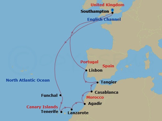 Route map: Southampton, England, UK → Funchal, Madeira, Portugal → Tenerife, Spain → Lanzarote, Spain → Agadir, Morocco → Casablanca, Morocco → Tangier, Morocco → Lisbon, Portugal → Southampton, England, UK