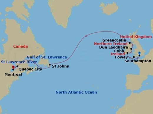 Route map: London (Southampton) → Fowey → Cork (Cobh) → Dun Laoghaire → Greencastle → St. John's → Quebec City → Montreal