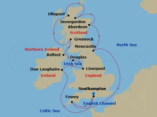 Route map: London (Southampton) → Fowey → Newcastle → Aberdeen → Invergordon → Ullapool → Glasgow (Greenock) → Belfast → Douglas → Liverpool