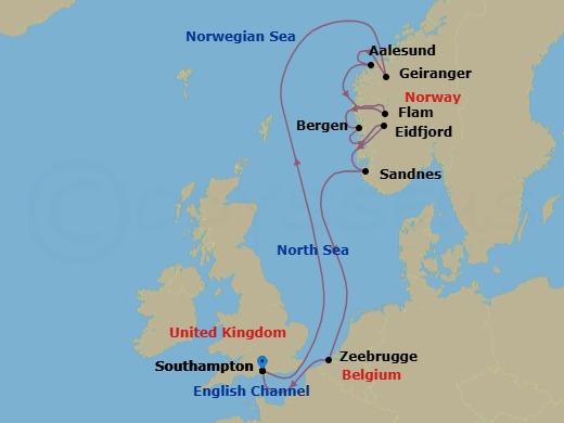 Route map: Southampton → Geiranger → Alesund → Flam → Bergen → Eidfjord → Sandnes → Bruges (Zeebrugge) → Southampton