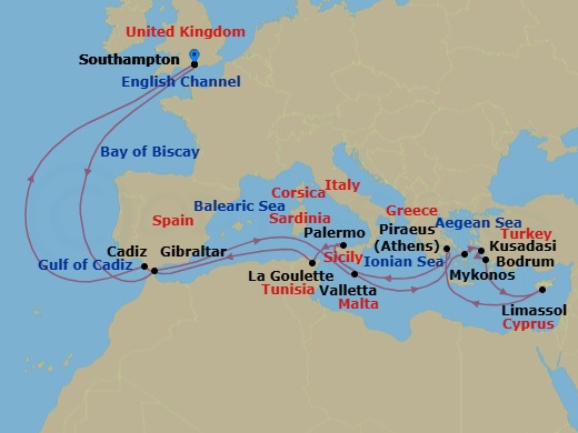 Route map: Southampton, England, UK → Gibraltar → Valletta, Malta → Mykonos, Greece → KUSADASI (TOURS TO EPHESUS),  TURKIYE → BODRUM, TURKIYE → Limassol, Cyprus → Piraeus (tours to Athens), Greece → Palermo, Sicily, Italy → La Goulette (tours to Carthageor Tunis), Tunisia
