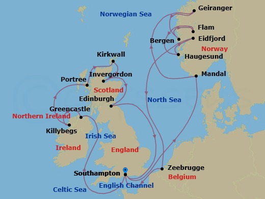Route map: Southampton → Greencastle (County Donegal) → Killybegs (County Donegal) → Portree → Kirkwall → Invergordon → Edinburgh → Southampton → Mandal → Geiranger