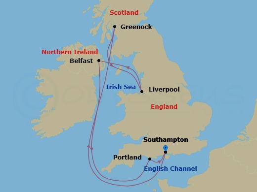 Route map: Southampton → Greenock → Liverpool → Belfast, Northern Ireland → Portland → Southampton