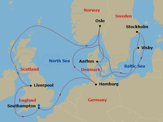 Route map: Southampton, England, UK → Hamburg, Germany → Aarhus, Denmark → Visby, Sweden → Stockholm, Sweden → Oslo, Norway → Liverpool, England, UK → Southampton, England, UK