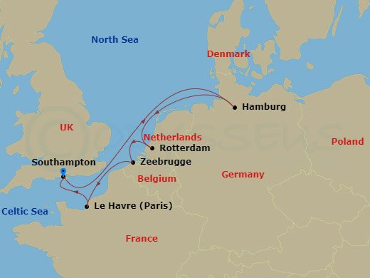 Route map: Southampton (London) United Kingdom → Hamburg Germany → Rotterdam (Amsterdam) Netherlands → Zeebrugge (Bruges) Belgium → Le Havre (Paris) France → Southampton (London) United Kingdom
