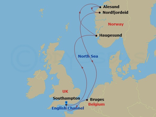 Route map: Southampton, England → Haugesund, Norway → Alesund, Norway → Nordfjordeid, Norway → Bruges,(Zeebrugge),Belgium → Southampton, England