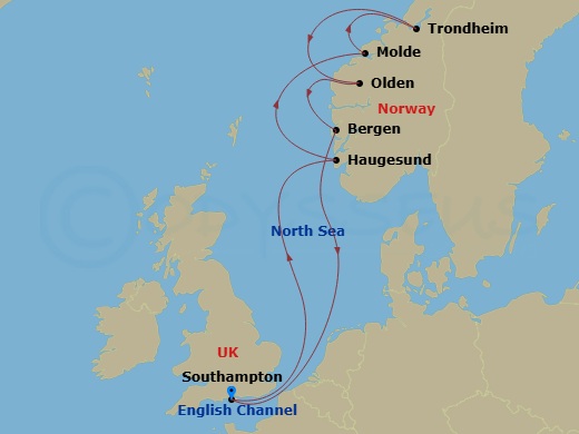 Route map: Southampton, England → Haugesund, Norway → Molde, Norway → Trondheim, Norway → Olden, Norway → Bergen, Norway → Southampton, England