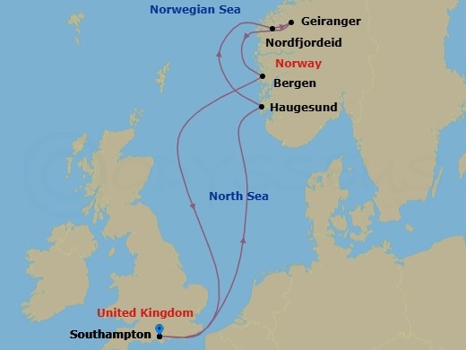 Route map: Southampton, England → Haugesund, Norway → Nordfjordeid, Norway → Geiranger, Norway → Bergen, Norway → Southampton, England