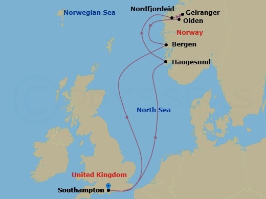 Route map: Southampton, England → Haugesund, Norway → Nordfjordeid, Norway → Geiranger, Norway → Olden, Norway → Bergen, Norway → Southampton, England