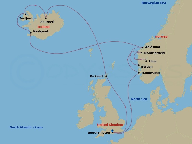 Route map: Southampton → Haugesund → Nordfjordeid → Flam → Bergen → Aalesund → Reykjavik → Isafjordur → Akureyri → Kirkwall