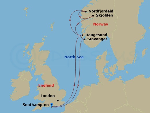 Route map: Southampton (for London), England → Haugesund, Norway → Nordfjordeid, Norway → Skjolden/Sognefjord, Norway → Stavanger, Norway → Southampton (for London), England
