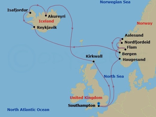 Route map: Southampton, England → Haugesund, Norway → Flam, Norway → Nordfjordeid, Norway → Alesund, Norway → Bergen, Norway → Reykjavik, Iceland → Isafjordur, Iceland → Akureyri, Iceland → Kirkwall, Scotland